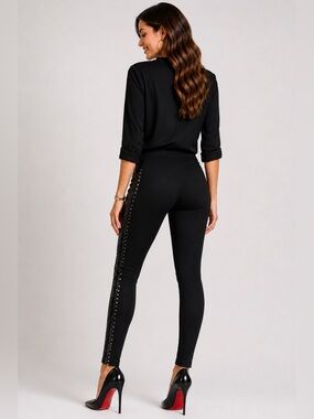 Athena Marie Black Sequin Side Stripe Pull On Leggings Pants M Glam Stretch